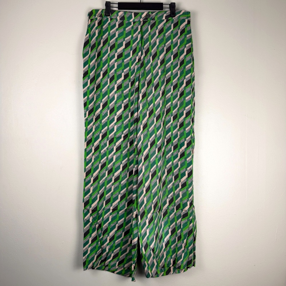 Saint + Sofia Wide Leg Pants Women's 10 Green Geometric Print High-Rise Career